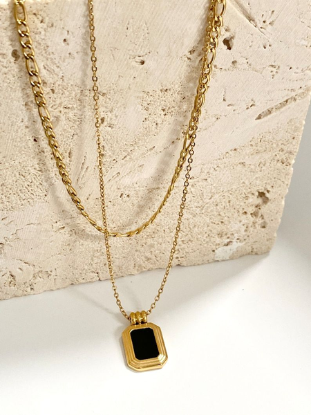 Dual Layer Black Square Necklace Anti Tarnish