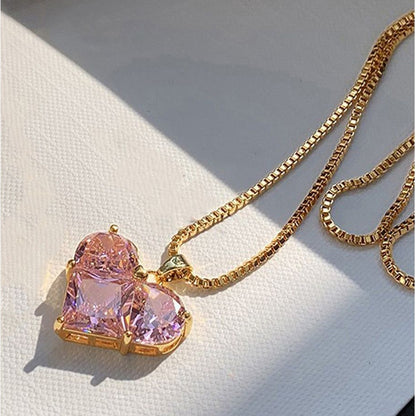 Gold-Plated Pink CZ Heart Necklace