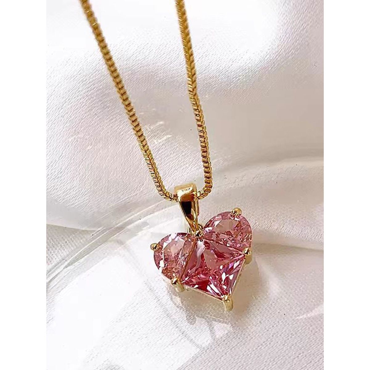 Gold-Plated Pink CZ Heart Necklace