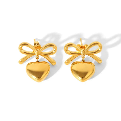 Anti-Tarnish Gold Heart Shape Bow Knot Drop Earrings