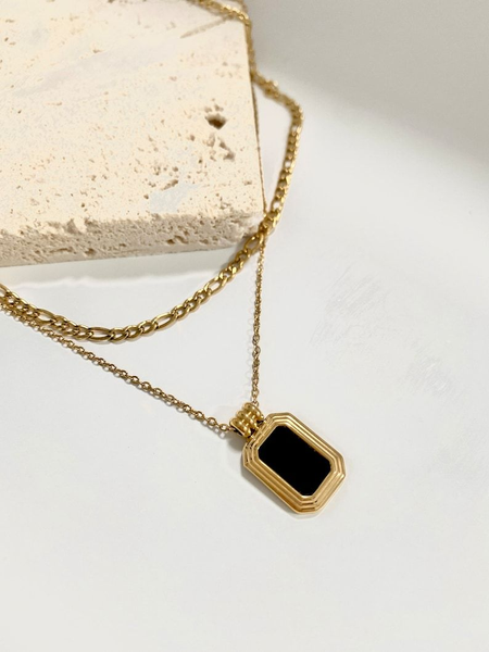 Dual Layer Black Square Necklace Anti Tarnish