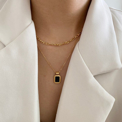 Dual Layer Black Square Necklace Anti Tarnish