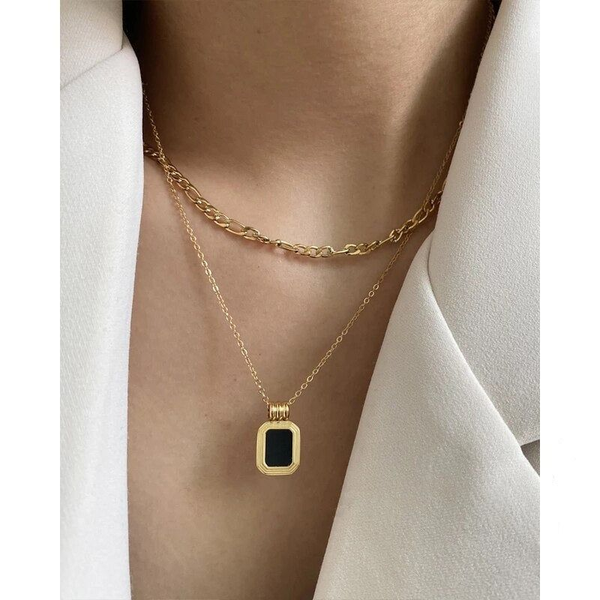 Dual Layer Black Square Necklace Anti Tarnish