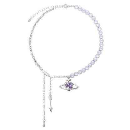 Exquisite Purple Pearly Heart Rhinestones Necklace