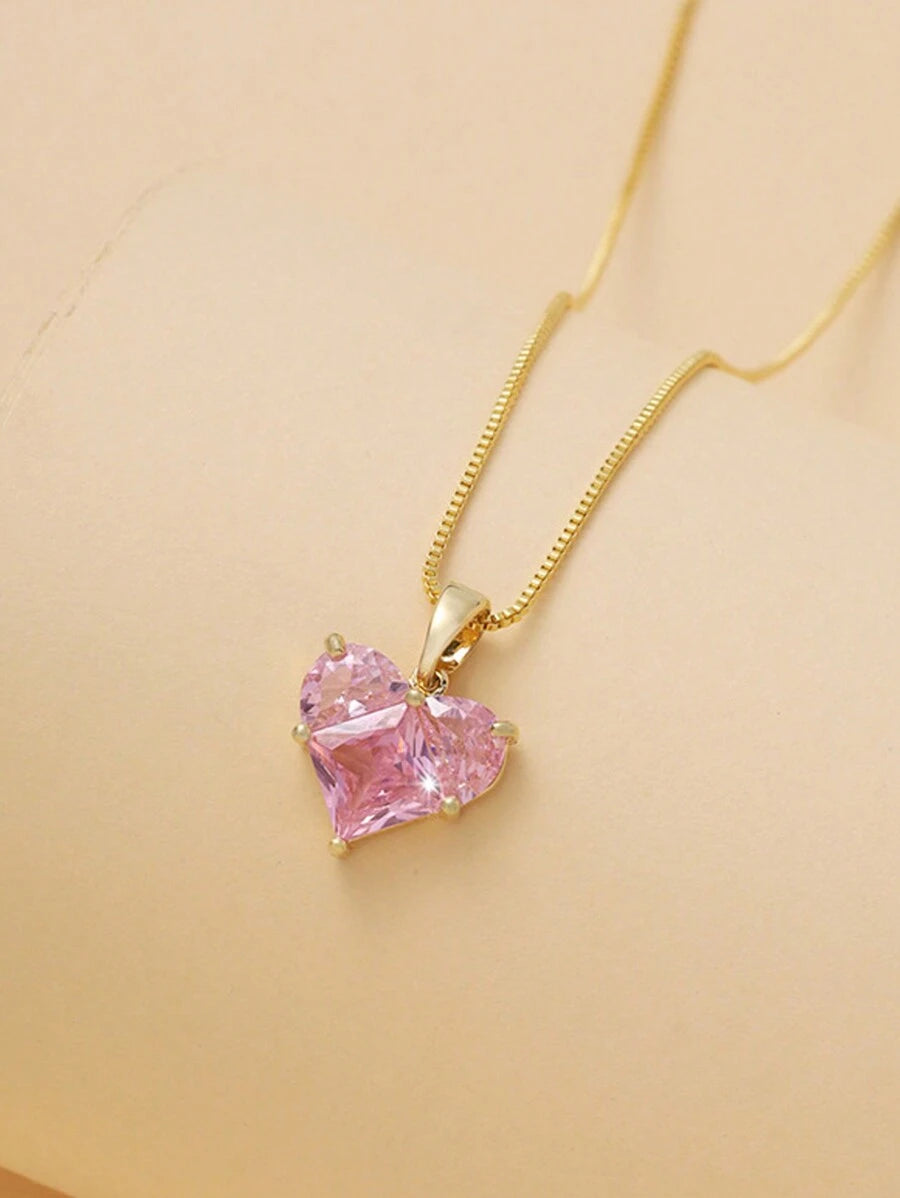 Gold-Plated Pink CZ Heart Necklace
