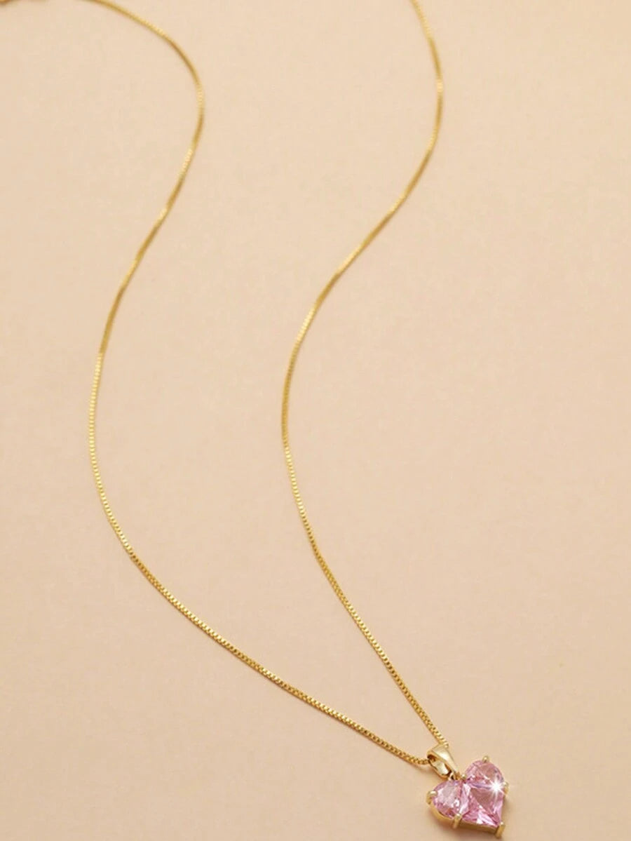 Gold-Plated Pink CZ Heart Necklace