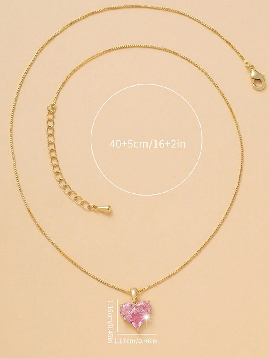 Gold-Plated Pink CZ Heart Necklace