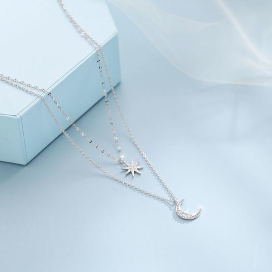Double Layer Star Moon Necklace Faux Diamond Pendant