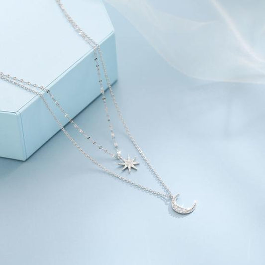 Double Layer Star Moon Necklace Faux Diamond Pendant