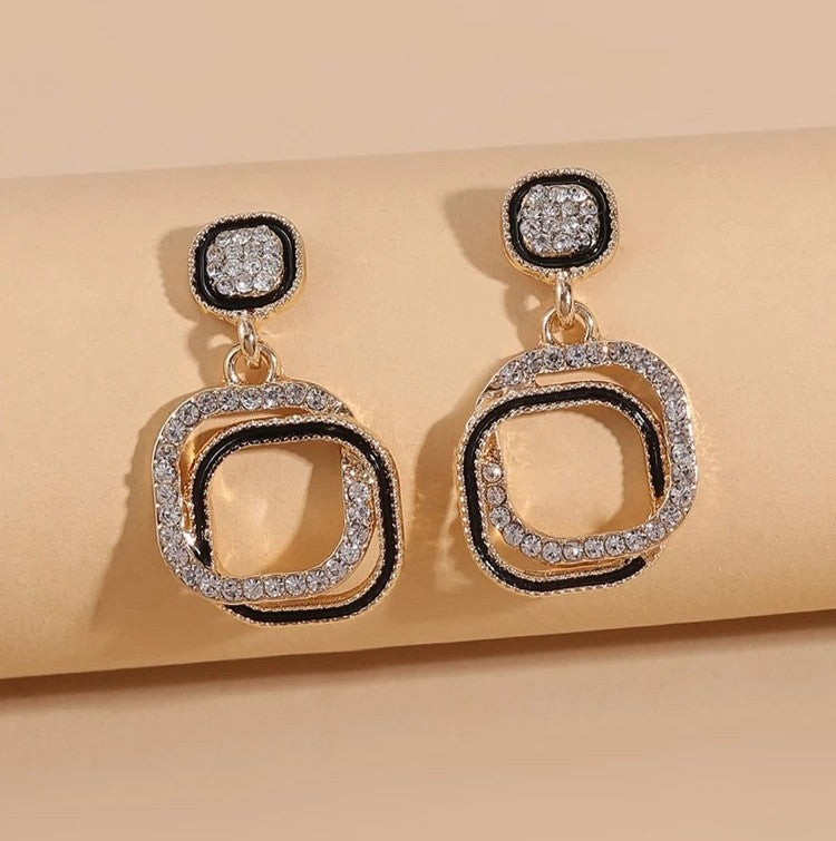 Geometric Black & Silver Crystal Dangle Earrings