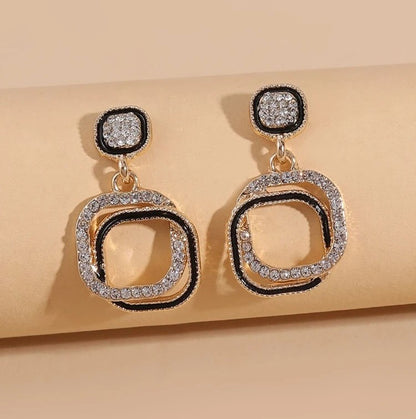 Geometric Black & Silver Crystal Dangle Earrings