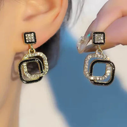 Geometric Black & Silver Crystal Dangle Earrings