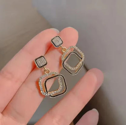 Geometric Black & Silver Crystal Dangle Earrings