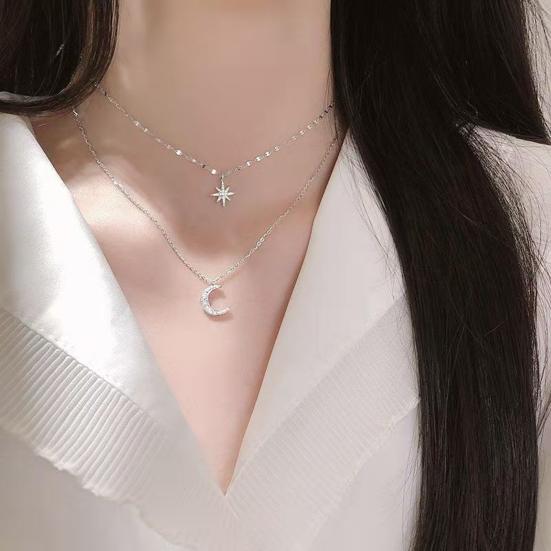 Double Layer Star Moon Necklace Faux Diamond Pendant