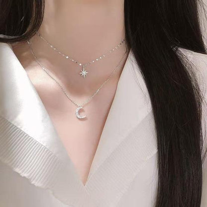 Double Layer Star Moon Necklace Faux Diamond Pendant