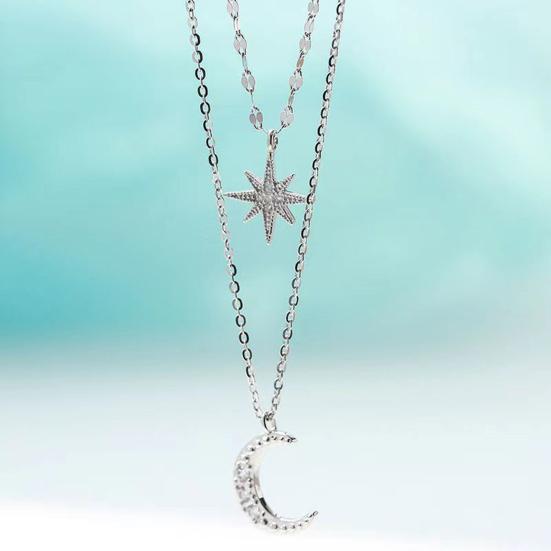 Double Layer Star Moon Necklace Faux Diamond Pendant