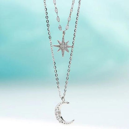 Double Layer Star Moon Necklace Faux Diamond Pendant