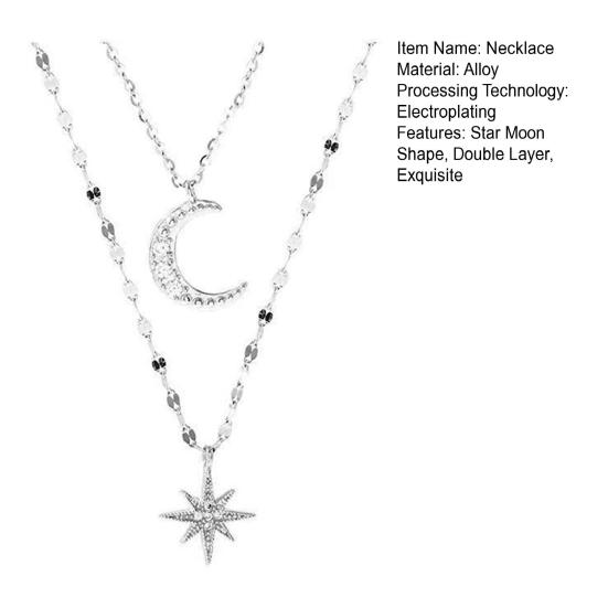 Double Layer Star Moon Necklace Faux Diamond Pendant