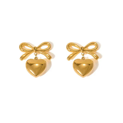 Anti-Tarnish Gold Heart Shape Bow Knot Drop Earrings
