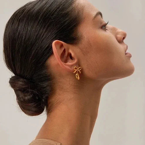 Anti-Tarnish Gold Heart Shape Bow Knot Drop Earrings