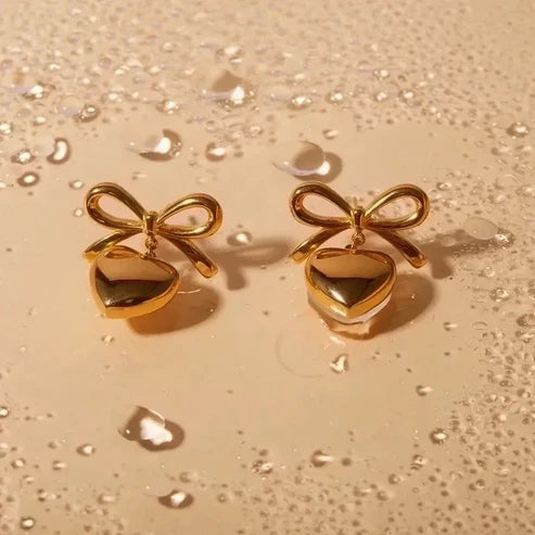 Anti-Tarnish Gold Heart Shape Bow Knot Drop Earrings