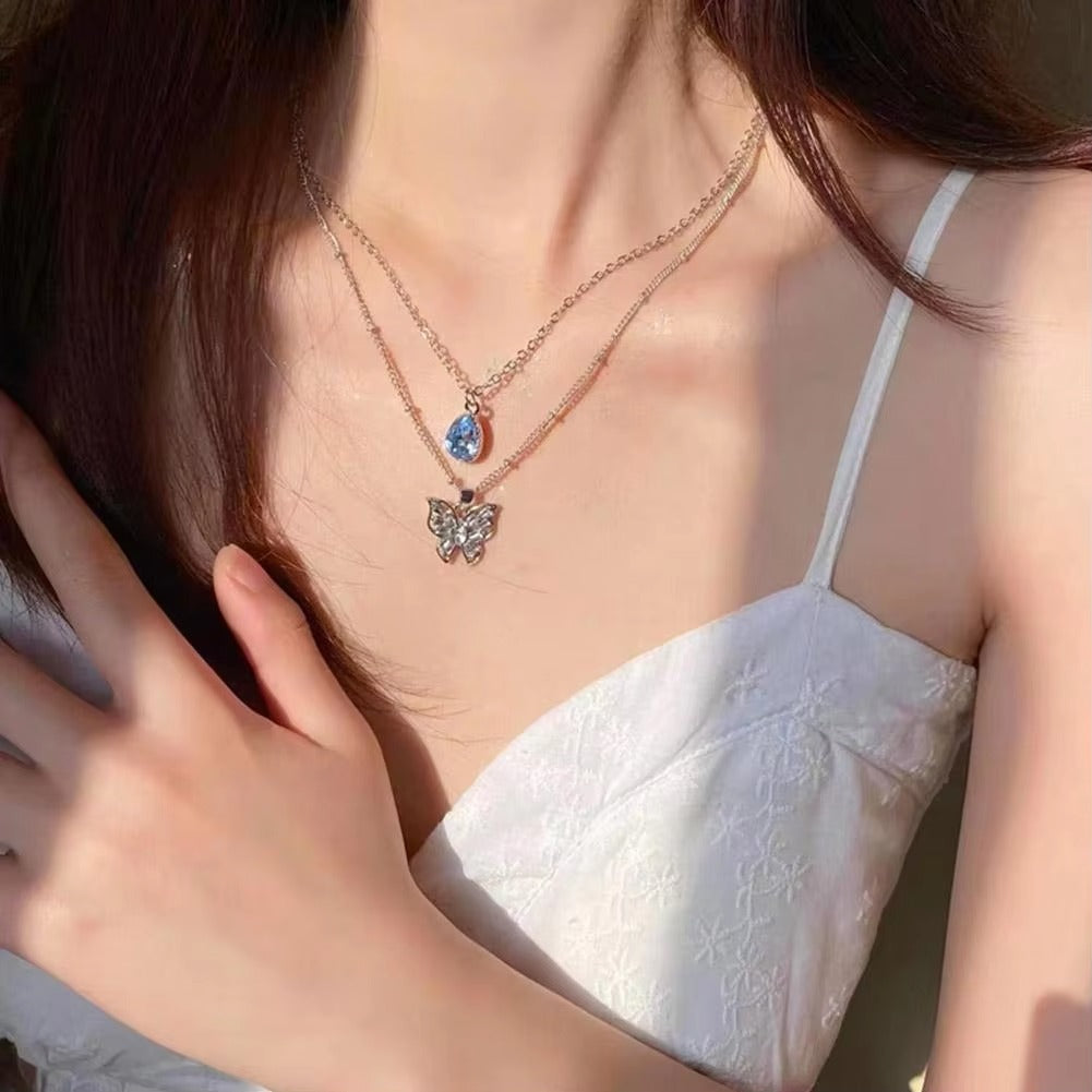 Dual Chain Butterfly & Blue Stone Necklace