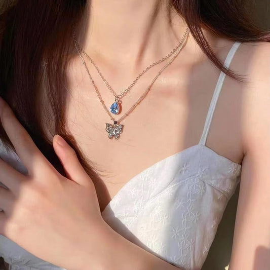 Dual Chain Butterfly & Blue Stone Necklace