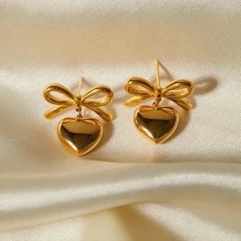 Anti-Tarnish Gold Heart Shape Bow Knot Drop Earrings