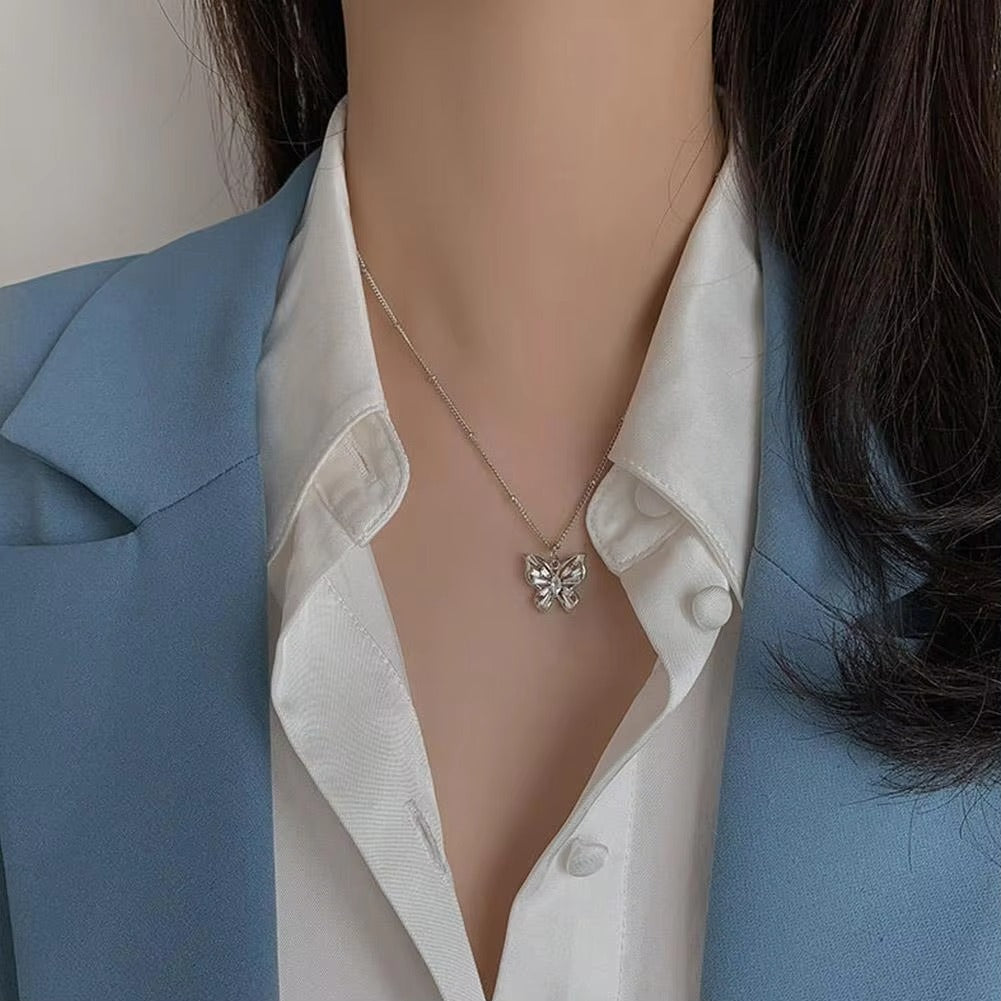 Dual Chain Butterfly & Blue Stone Necklace