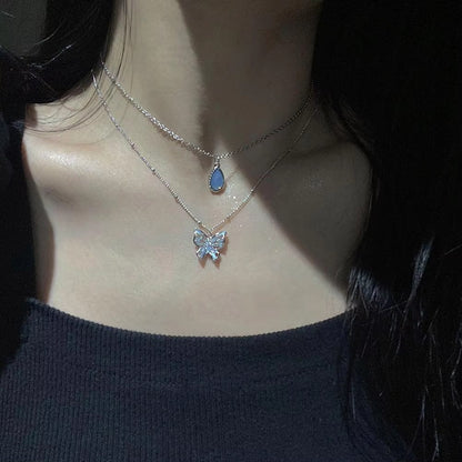 Dual Chain Butterfly & Blue Stone Necklace
