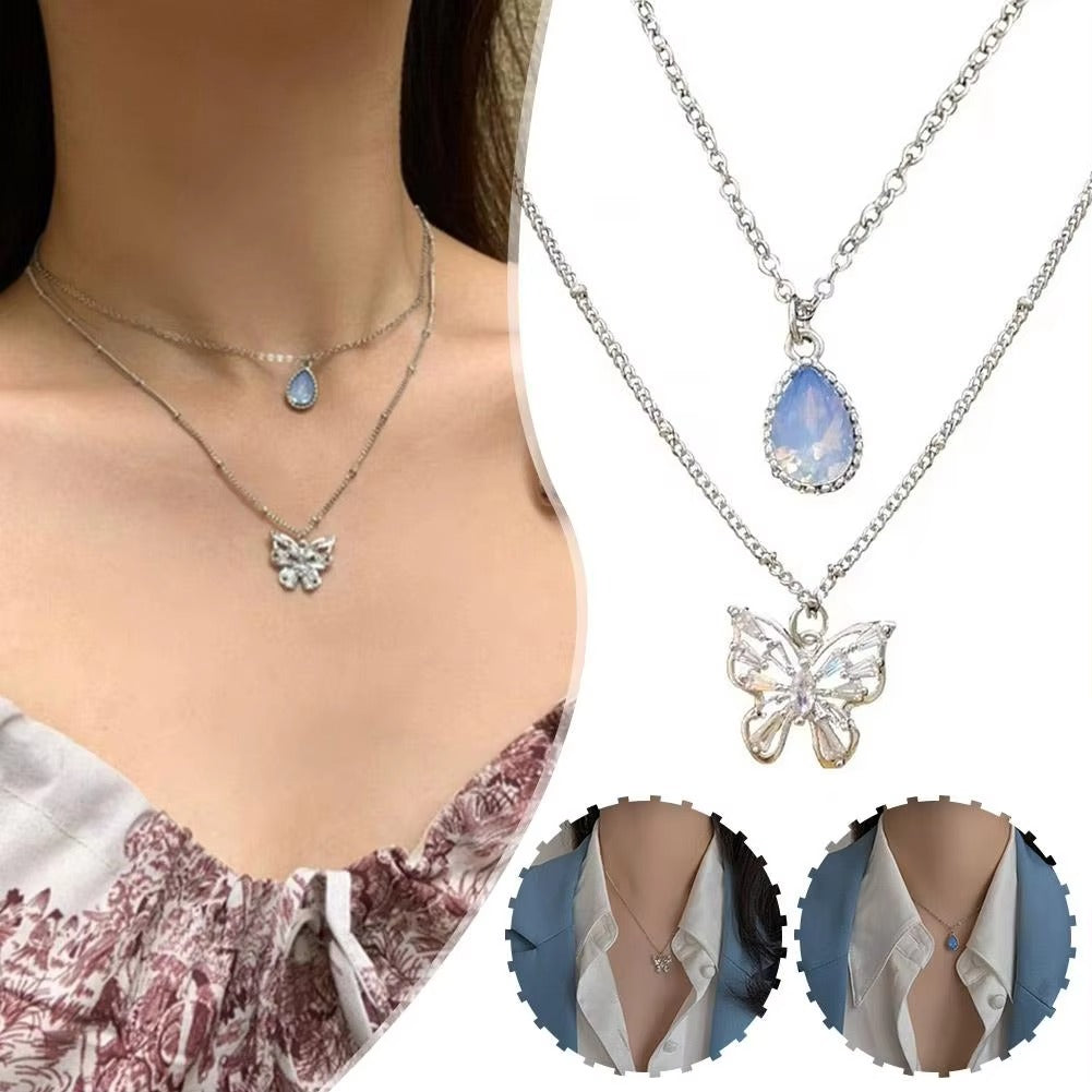 Dual Chain Butterfly & Blue Stone Necklace