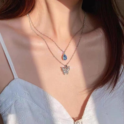 Dual Chain Butterfly & Blue Stone Necklace